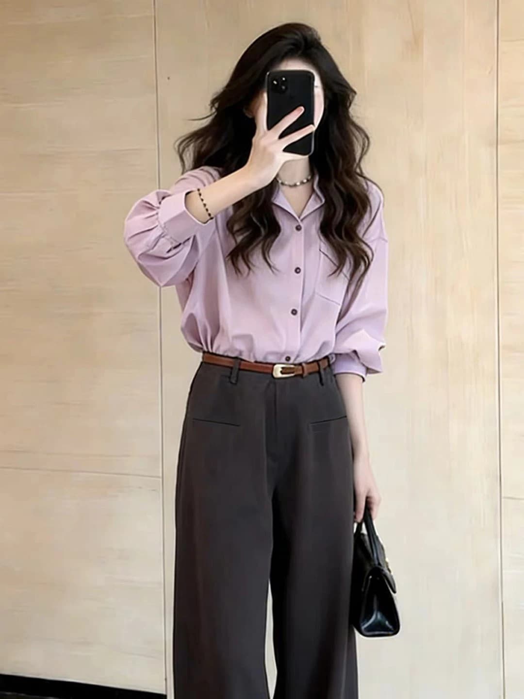 높음 지혜 센스 긴팔 여성 셔츠 2026 년 가을 새로운 폴로 칼라 루즈핏 작은 키 다용도 슬림해 보이는 품격 세트 상세 이미지 3