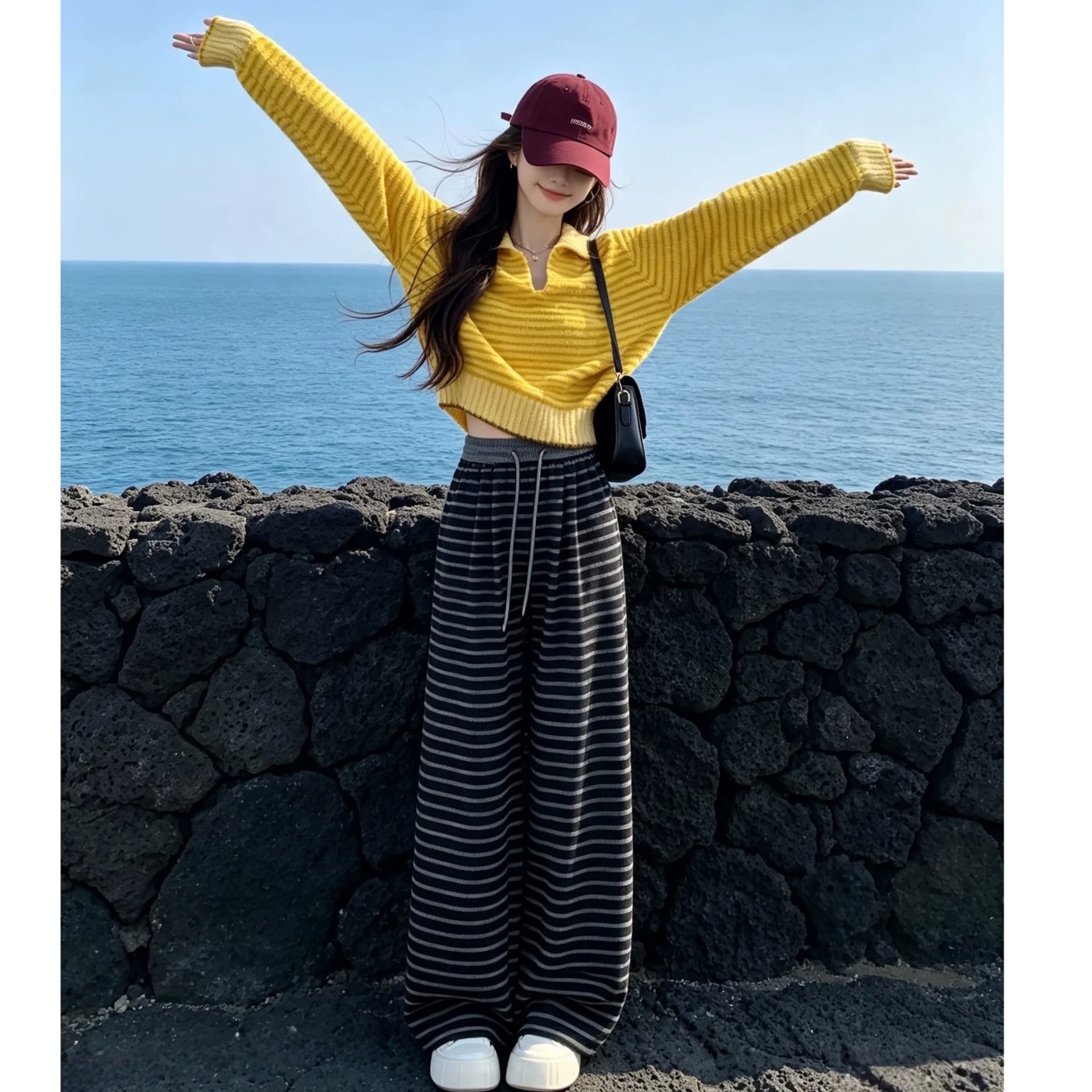 황색 폴로 칼라 스트라이프 스웨터 스트라이프 와이드 레그 팬츠 느긋한 바람 허리밴드 도루 센스 스트레이트 니트 굴곡 바지 세트 이미지 2