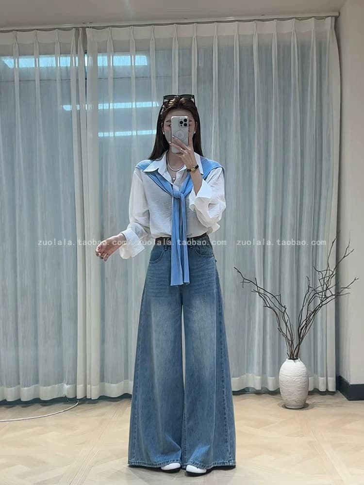 자이언트 잘 생긴 ~ 중 가을 의상 전체 집합 빅 사이즈 지방 mm 한 부서 숄 긴팔 폴로 칼라 셔츠 넓은 다리 청바지 세트 이미지 2