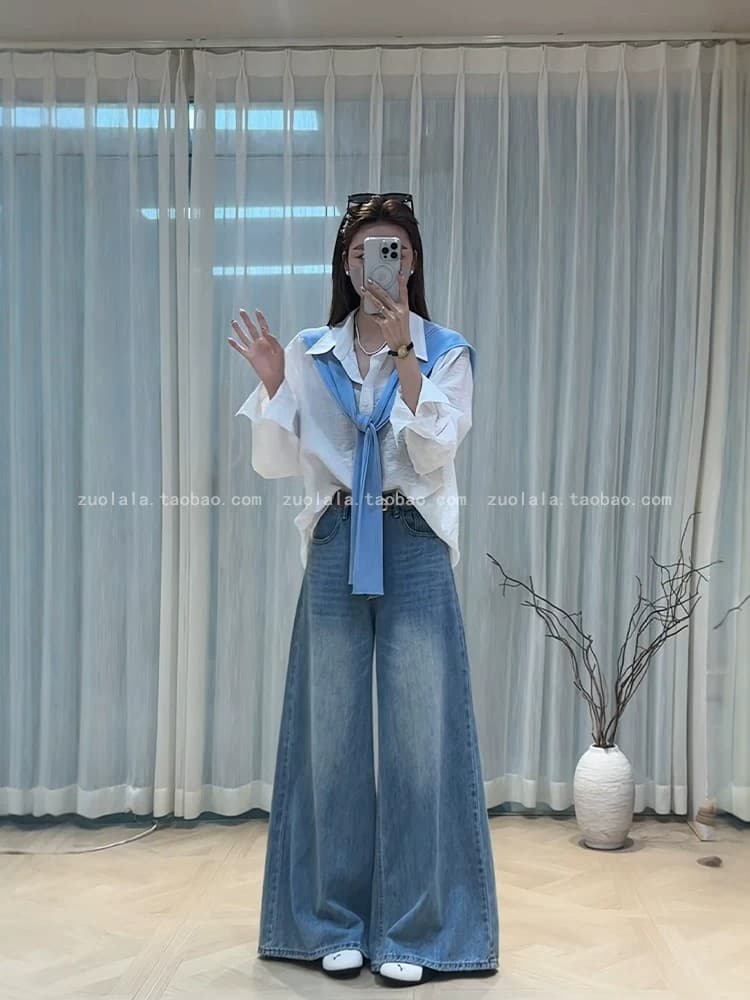 자이언트 잘 생긴 ~ 중 가을 의상 전체 집합 빅 사이즈 지방 mm 한 부서 숄 긴팔 폴로 칼라 셔츠 넓은 다리 청바지 세트 상세 이미지 2