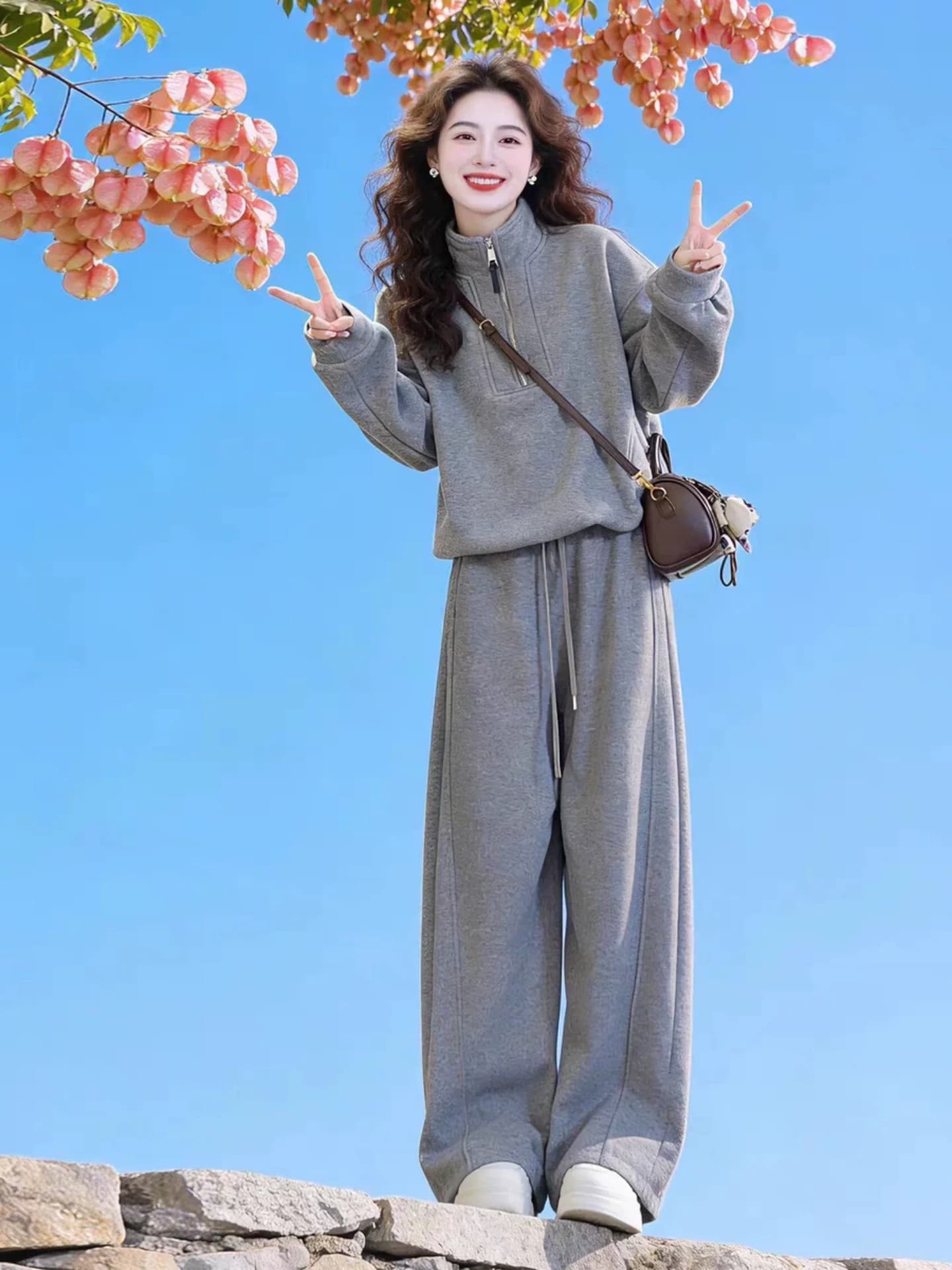 순면 운동복 세트 여성 봄 가을 겨울 학생 한국 스타일 루즈핏 패션 후드티 와이드 레그 팬츠 캐주얼 투피스 세트 상세 이미지 1