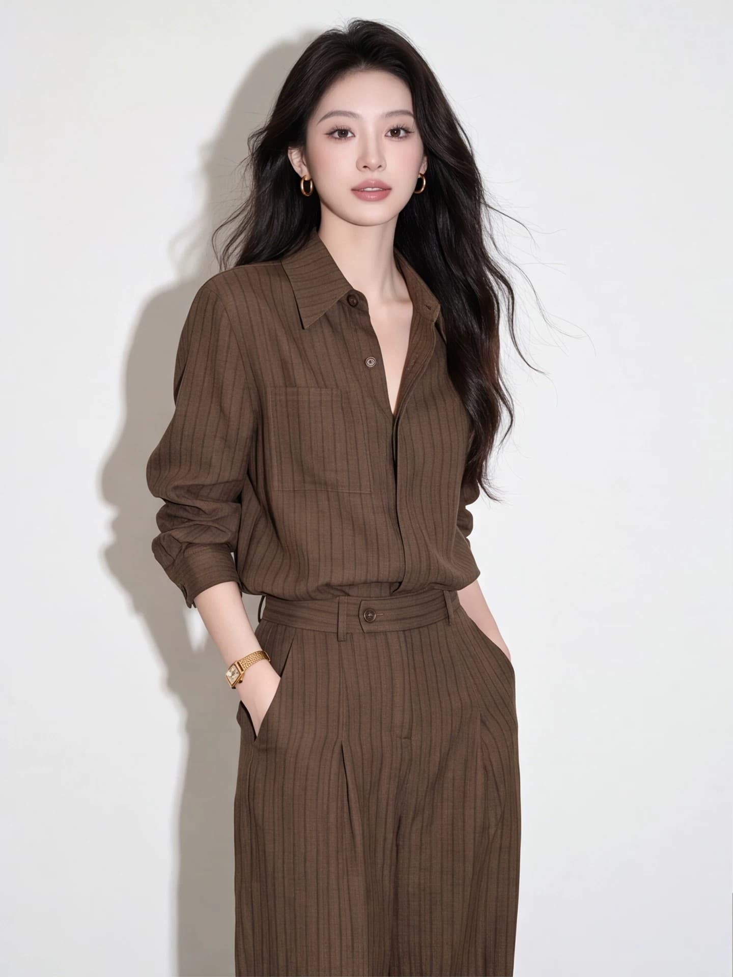 2026 년 조기 가을 빛 사람들 코치 빛 요리 한 바람 스트라이프 셔츠 투피스 세트 바지 여성 허리 수축 슬림해 보이는 패션 이미지 4