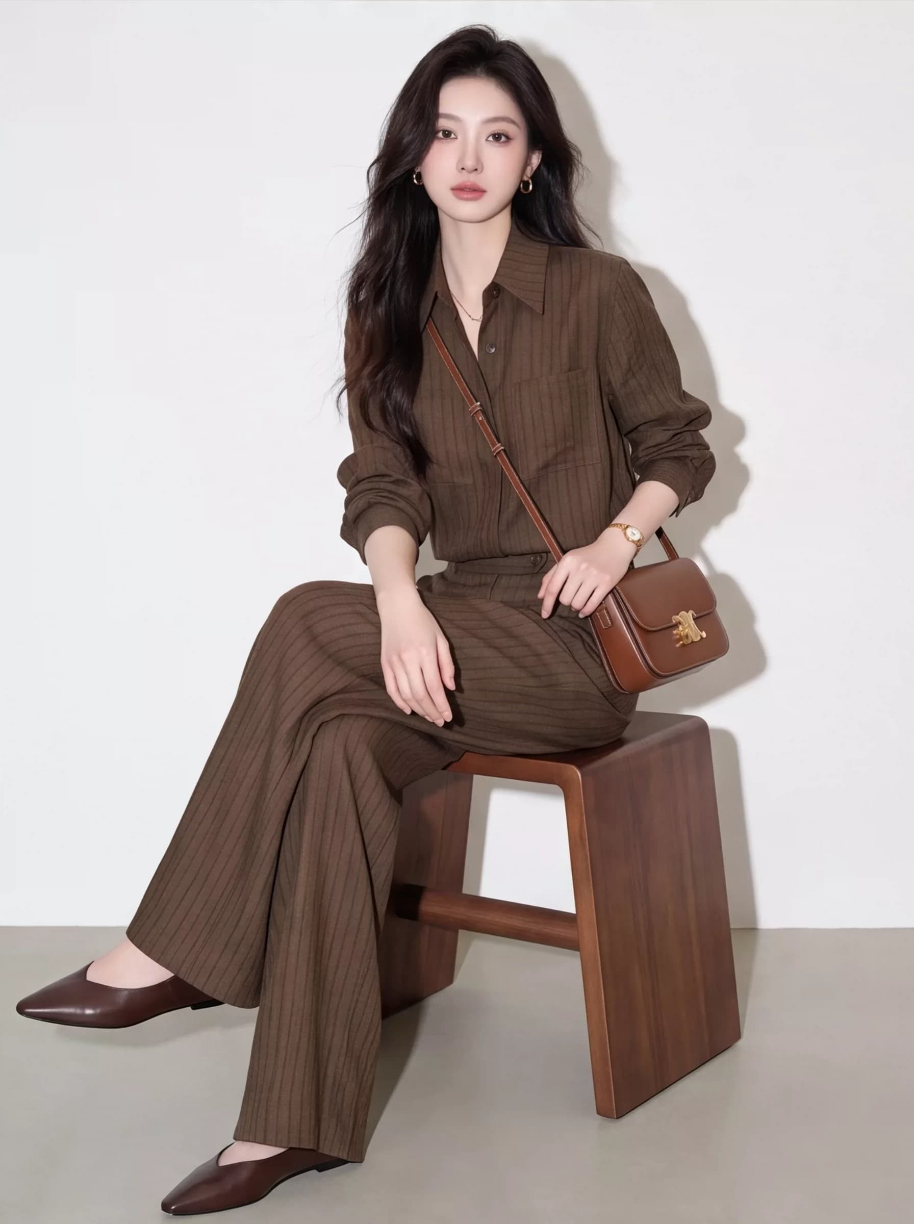 2026 년 조기 가을 빛 사람들 코치 빛 요리 한 바람 스트라이프 셔츠 투피스 세트 바지 여성 허리 수축 슬림해 보이는 패션 이미지 2
