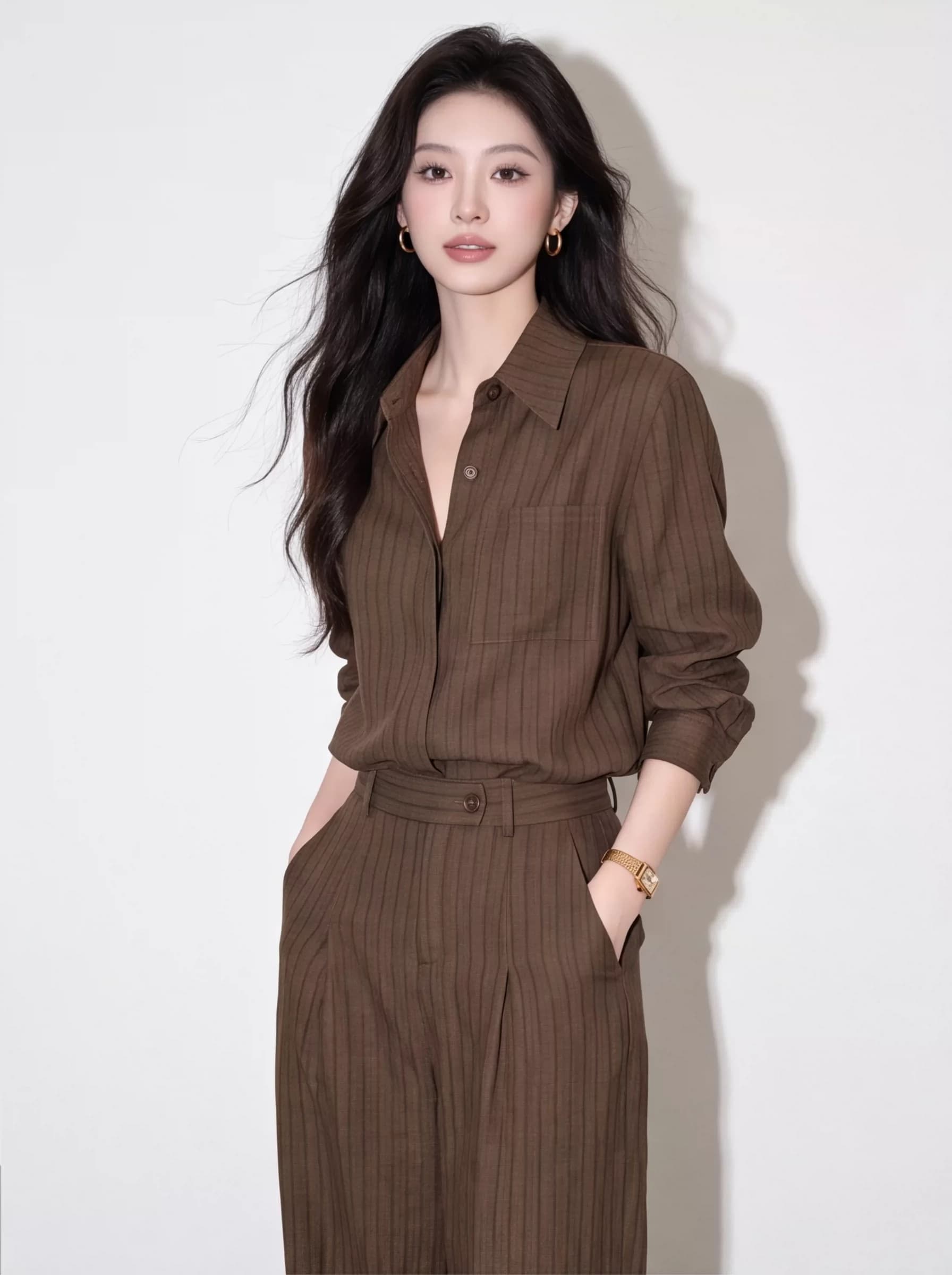 2026 년 조기 가을 빛 사람들 코치 빛 요리 한 바람 스트라이프 셔츠 투피스 세트 바지 여성 허리 수축 슬림해 보이는 패션 상세 이미지 1