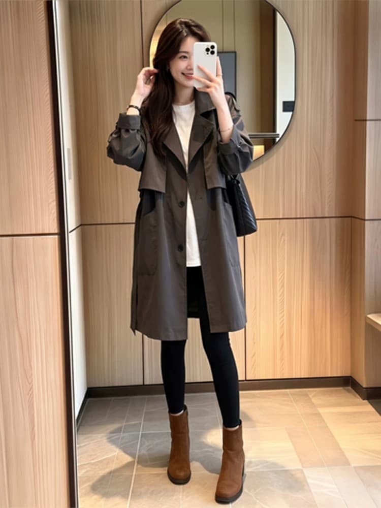 폴로 칼라 싱글 줄 버튼 롱 코트 루즈핏 재킷 재킷 2026 레이스업 허리 수축 일상 출퇴근 느긋한 외부 가져 가라. 의류 상세 이미지 1