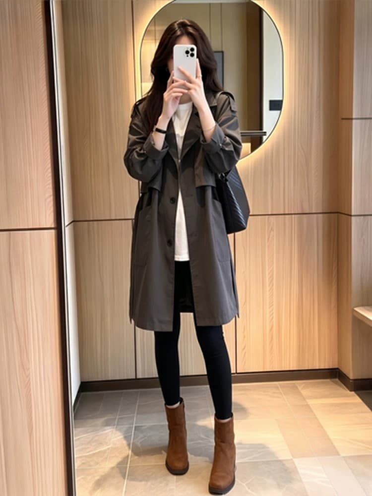 폴로 칼라 싱글 줄 버튼 롱 코트 루즈핏 재킷 재킷 2026 레이스업 허리 수축 일상 출퇴근 느긋한 외부 가져 가라. 의류 상세 이미지 2