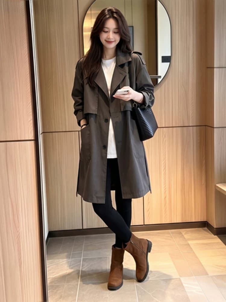 폴로 칼라 싱글 줄 버튼 롱 코트 루즈핏 재킷 재킷 2026 레이스업 허리 수축 일상 출퇴근 느긋한 외부 가져 가라. 의류 상세 이미지 4