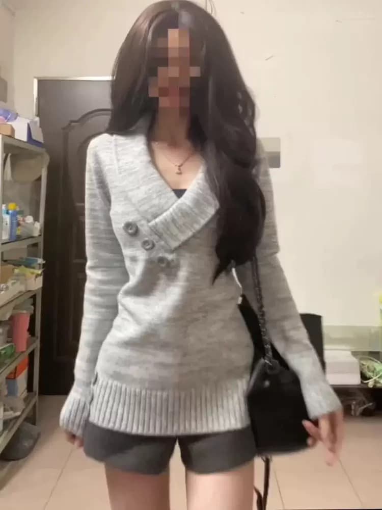한 부서 디자인 센스 V넥 회색 스웨터 여자 겨울 품격 작은 대중 몸매 가꾸기 슬림해 보이는 허리 수축 인사이드 가져 가라. 니트 맨위 이미지 4