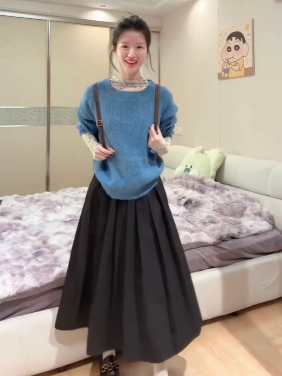 한 부서 모헤어 보트 칼라 파란색 스웨터 반신 스커트 여성 새로운 디자인 센스 부드러운 슬림해 보이는 세 조각 세트 여성