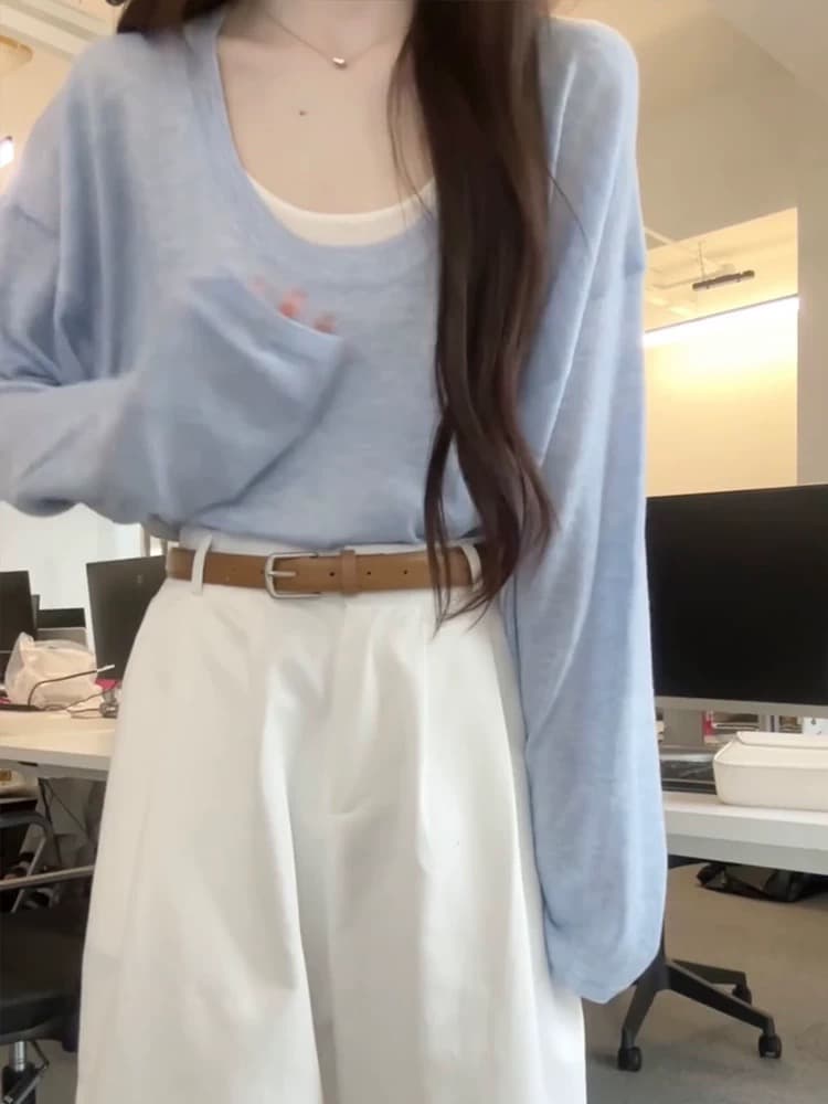 여름 코디 전체 집합 차 인사이드 차 가스 소금 부서 착용 가져 가라. 한국 드라마 인기 자외선 차단 블라우스 와이드 레그 팬츠 세 조각 세트 이미지 3