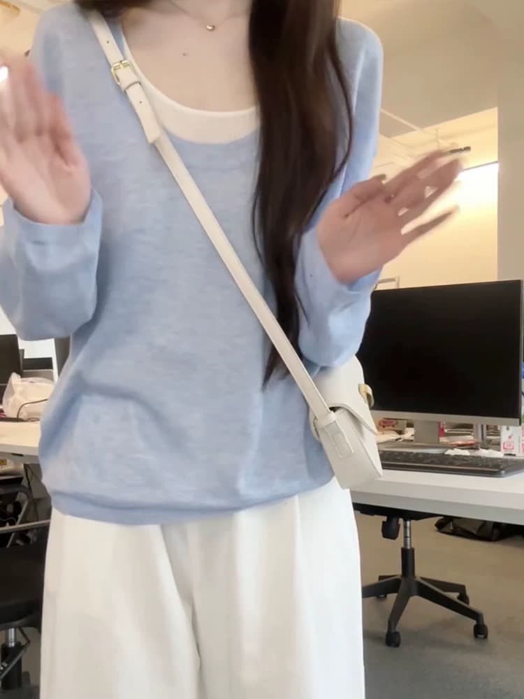 여름 코디 전체 집합 차 인사이드 차 가스 소금 부서 착용 가져 가라. 한국 드라마 인기 자외선 차단 블라우스 와이드 레그 팬츠 세 조각 세트 이미지 4