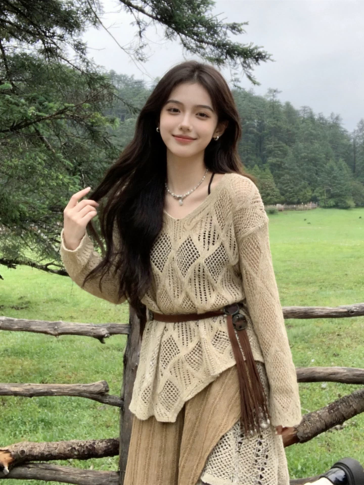 2026 새로운 프랑스식 휴가 바람 홀로우 아웃 패치워크 드레스 아이들 그레이트 통해보기 가져 가라. 전체 집합 롱 스커트 세트 상세 이미지 2