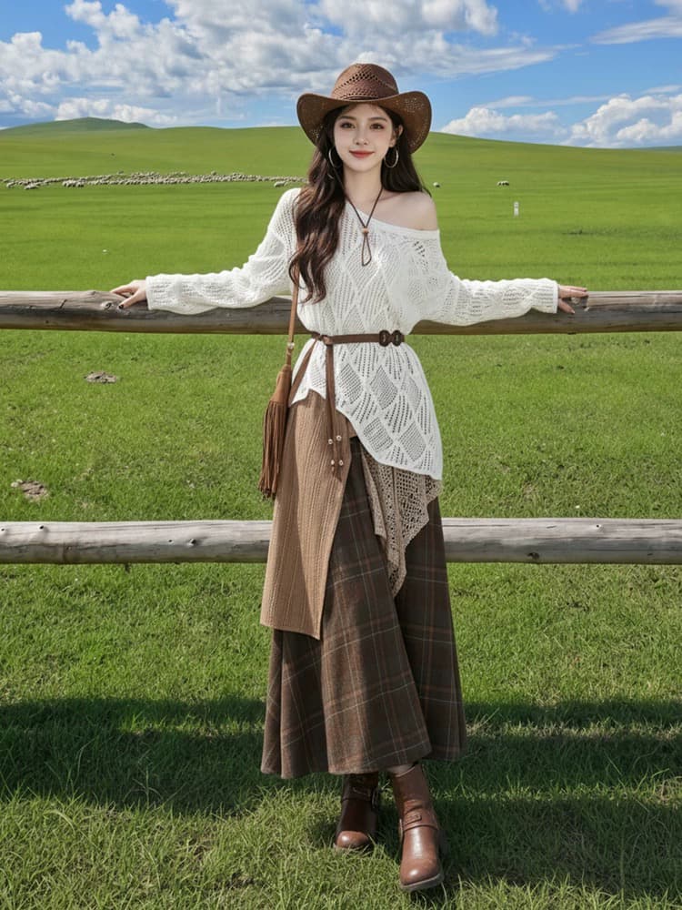 2026 새로운 여행 착용 가져 가라. 보헤미안 블라우스 치마 아름다움 라드. 불모지 바람 휴가 슬림해 보이는 세 조각 세트 이미지 2