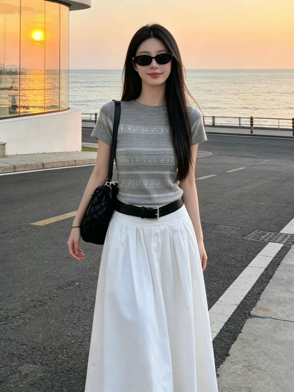 여름 절묘한 디자인 센스 자이언트 잘 생긴 ~ 중 회색 자카드 라운드 넥 반팔 티셔츠 루즈핏 니트 스웨터 반신 스커트 세트 상세 이미지 2