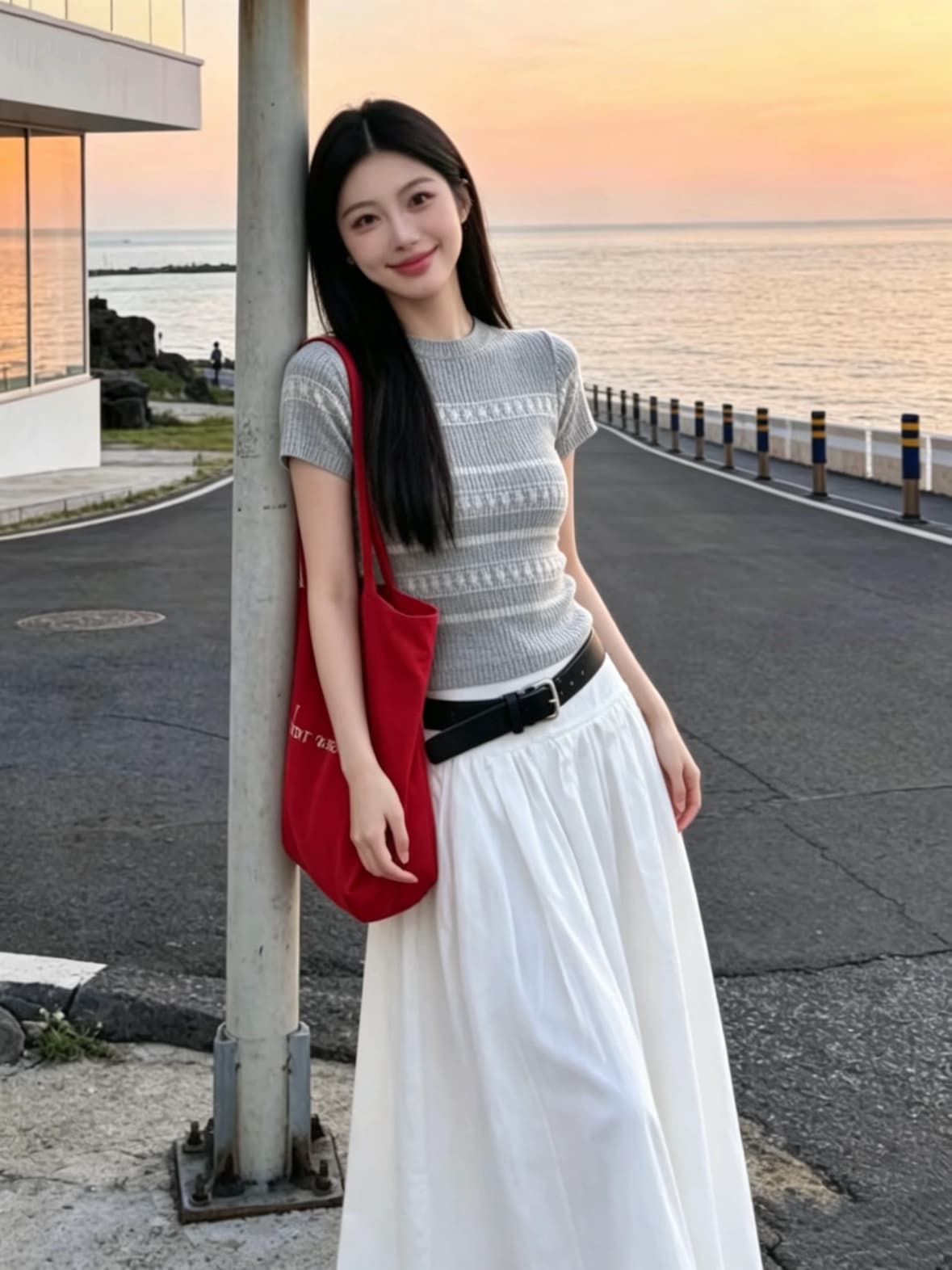여름 절묘한 디자인 센스 자이언트 잘 생긴 ~ 중 회색 자카드 라운드 넥 반팔 티셔츠 루즈핏 니트 스웨터 반신 스커트 세트 상세 이미지 3