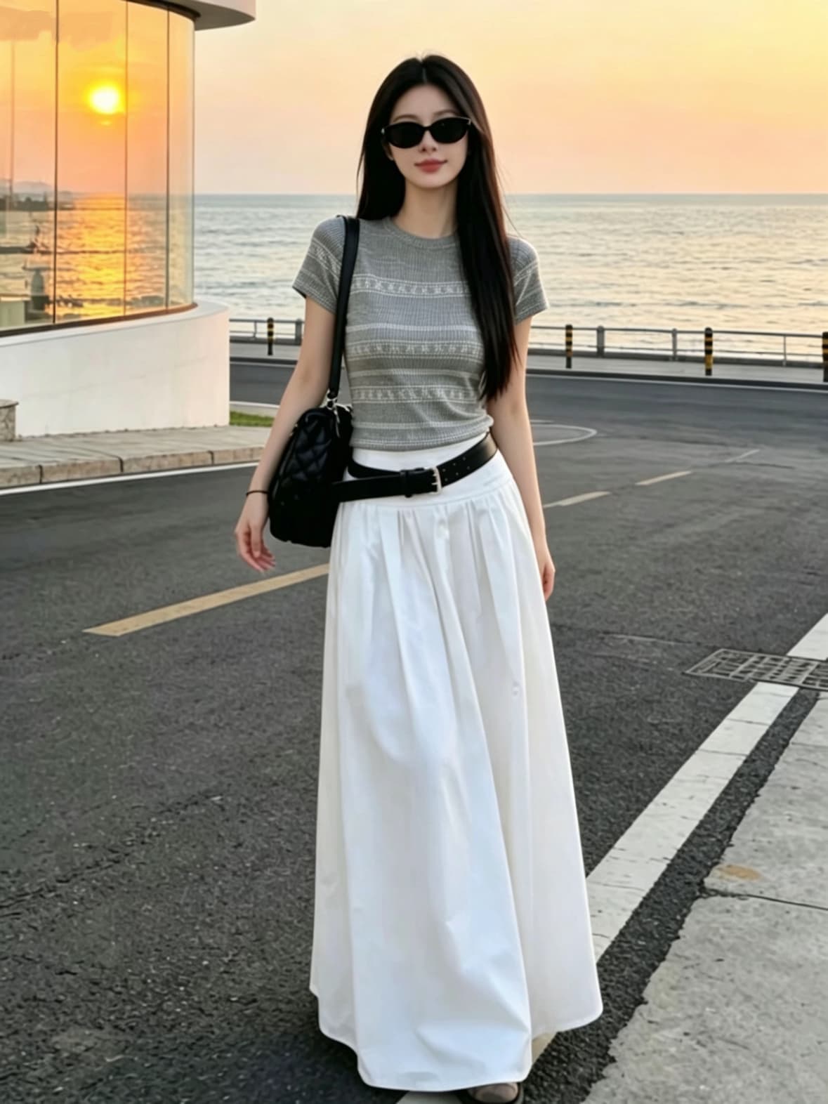 여름 절묘한 디자인 센스 자이언트 잘 생긴 ~ 중 회색 자카드 라운드 넥 반팔 티셔츠 루즈핏 니트 스웨터 반신 스커트 세트 이미지 4