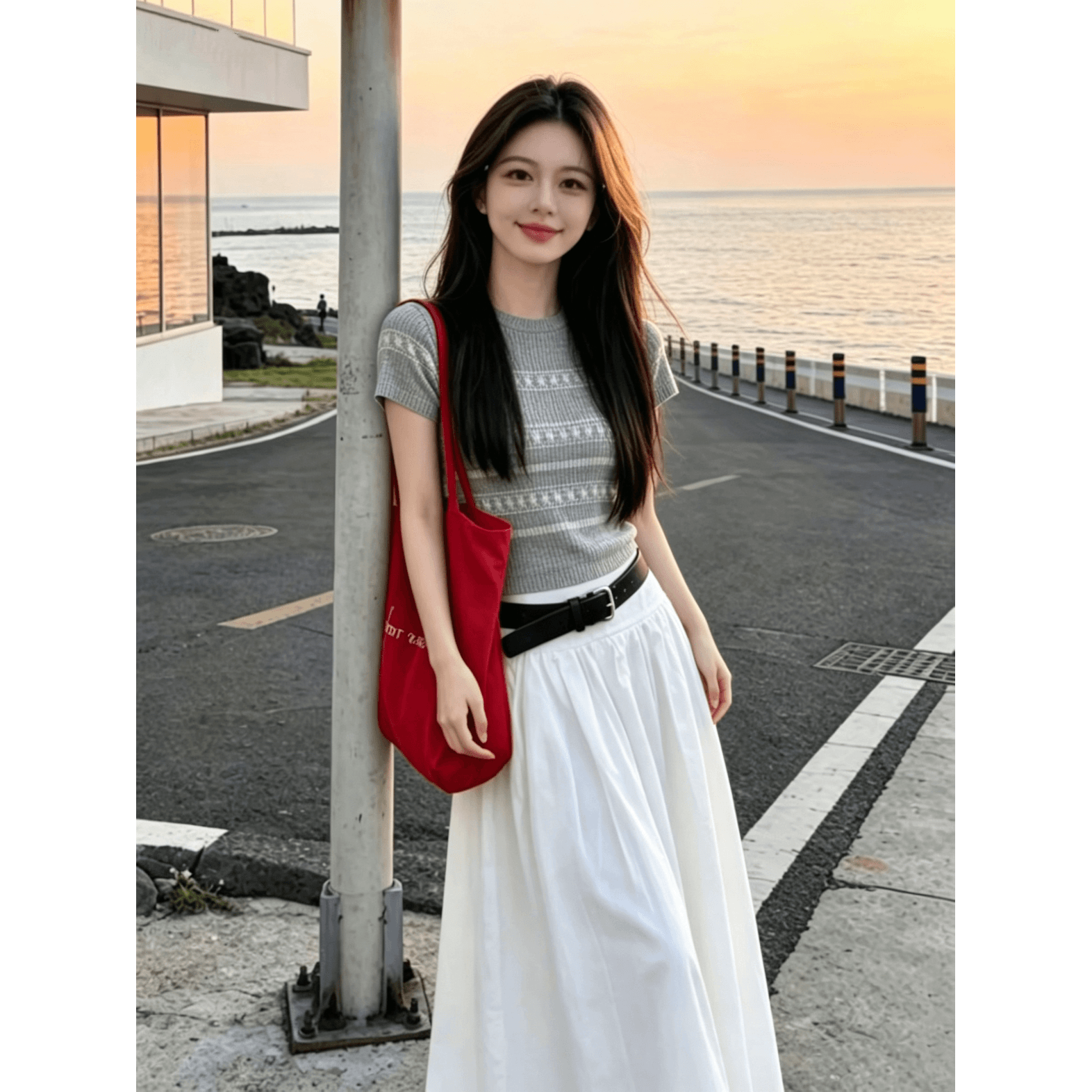 여름 절묘한 디자인 센스 자이언트 잘 생긴 ~ 중 회색 자카드 라운드 넥 반팔 티셔츠 루즈핏 니트 스웨터 반신 스커트 세트 이미지 5