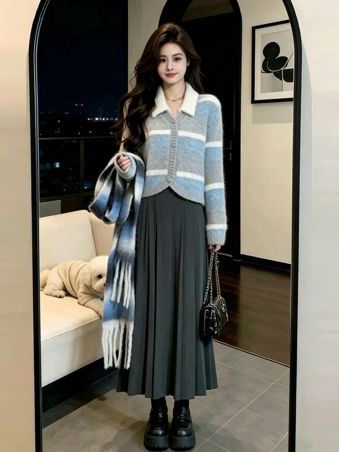 한 부서 그레이트 통해보기 가져 가라. 전체 집합 2026 새로운 스트라이프 스웨터 니트 반신 스커트 가을 겨울 투피스 슈트 여성 이미지 4