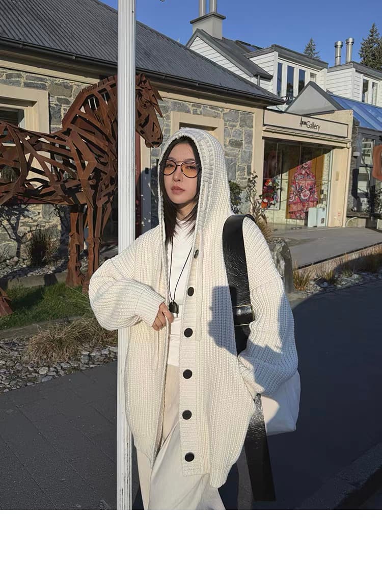 겨울 한국 빅 사이즈 느슨함 인생 따뜻한 두꺼운 바늘 후드 니트 캐주얼 후드티 스타일 스웨터 오픈 가디건 여성 코트 상세 이미지 28