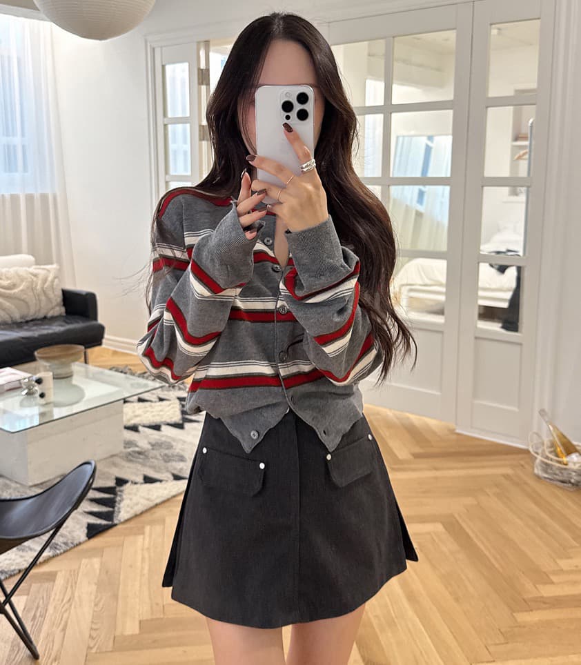 한국 스타일 가을 레트로 연령 감소 라운드 넥 싱글 줄 버튼 두꺼운 몸매 가꾸기 슬림해 보이는 긴팔 스트라이프 니트 오픈 가디건 스웨터 여자 이미지 2