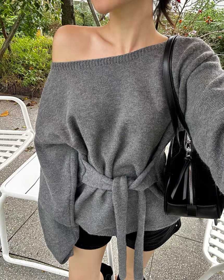 한국 chic 가을 겨울 한 부서 디자인 센스 레이스업 허리 수축 슬림해 보이는 니트 스웨터 셔츠 상세 이미지 1