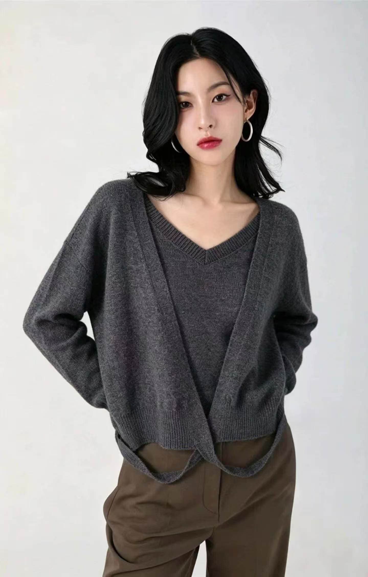 한국 chic 작은 대중 품격 라운드 넥 니트 조끼 디자인 센스 십자가 스트랩 긴팔 스웨터 페이크 레이어드 맨위 이미지 3