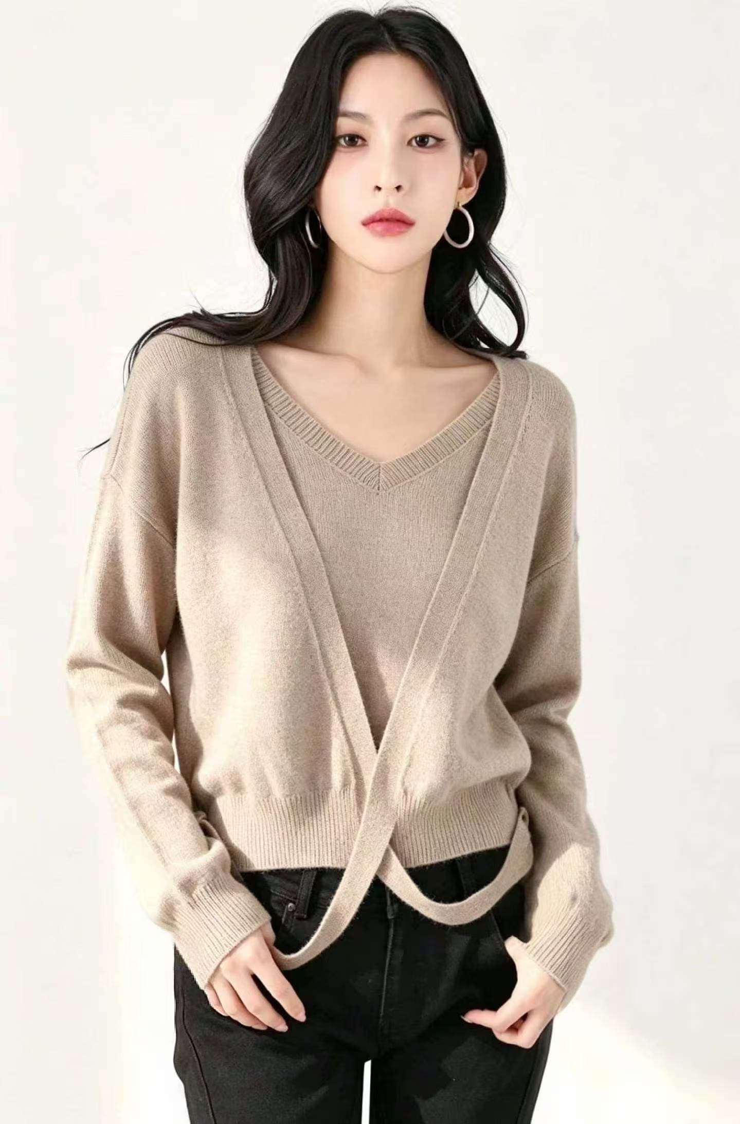 한국 chic 작은 대중 품격 라운드 넥 니트 조끼 디자인 센스 십자가 스트랩 긴팔 스웨터 페이크 레이어드 맨위 상세 이미지 1
