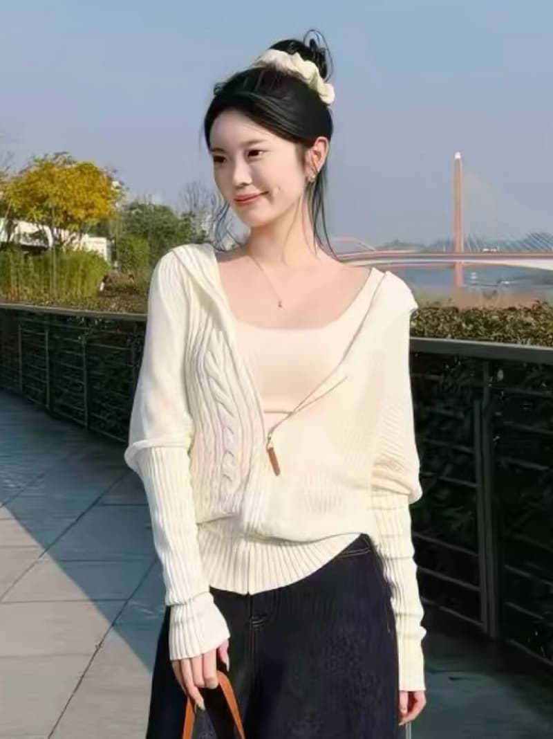 가을 겨울 새로운 3 차원 짜임 배트윙 소매 니트 오픈 가디건 후드 재킷 청바지 자이언트 잘 생긴 슬림해 보이는 3종 세트 상세 이미지 5