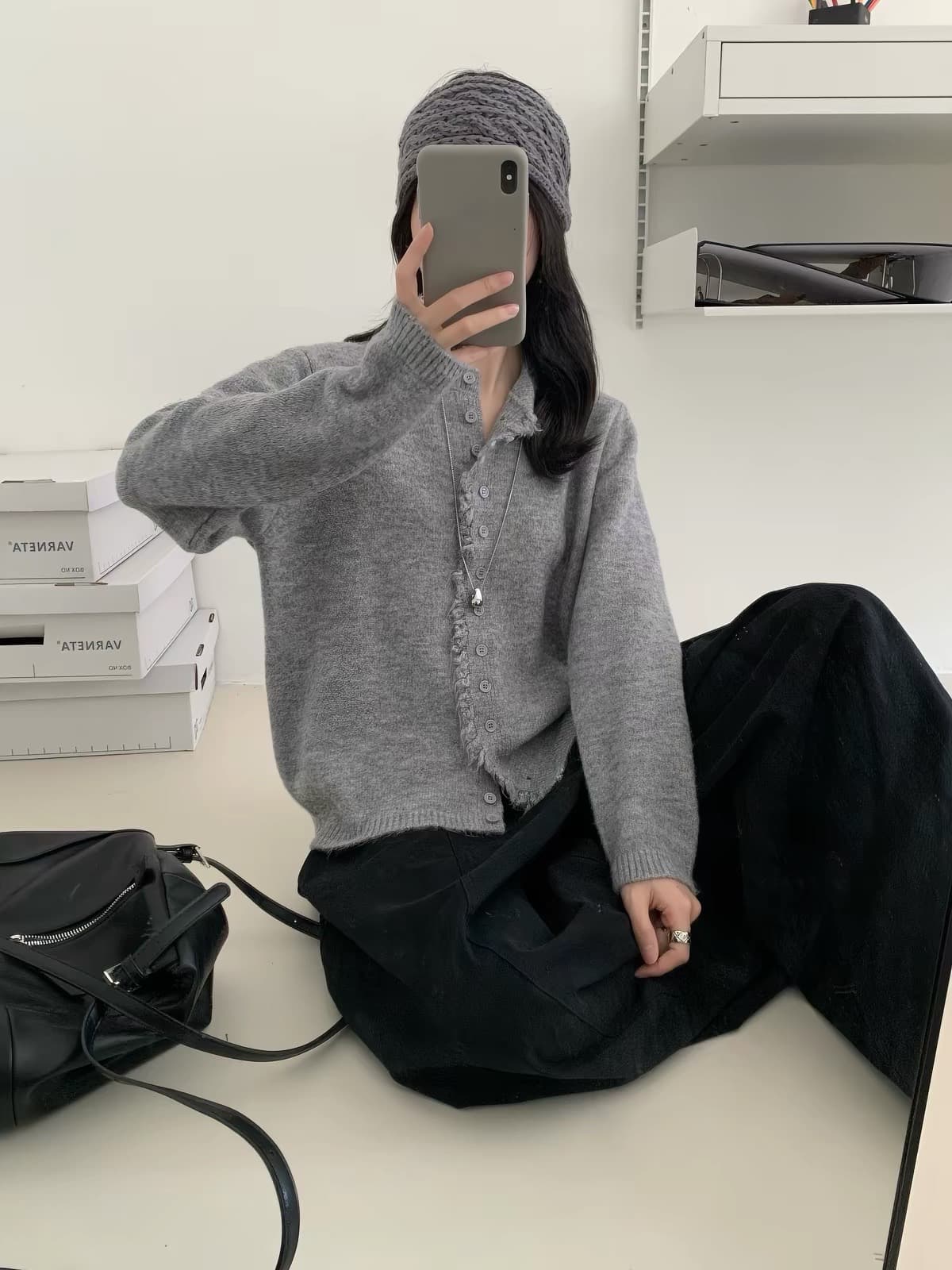 한 부서 단색 작은 대중 술 문 襟 라운드 넥 니트 스웨터 루즈핏 출퇴근 캐주얼 싱글 줄 버튼 스웨터 여성 코트 이미지 3