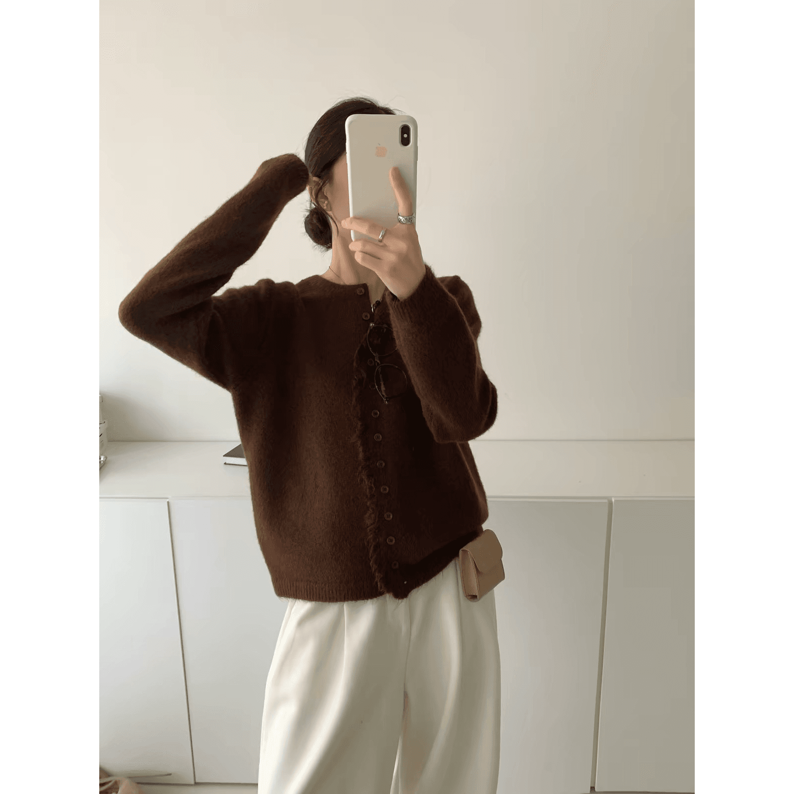 한 부서 단색 작은 대중 술 문 襟 라운드 넥 니트 스웨터 루즈핏 출퇴근 캐주얼 싱글 줄 버튼 스웨터 여성 코트 이미지 5