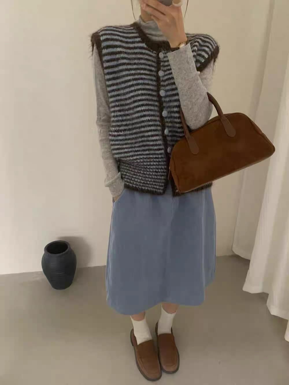 한 부서 연령 감소 품격 니트 오픈 가디건 조끼 여자 가을 스택 착용 루즈핏 민소매 부드러운 찹쌀 찹쌀 스트라이프 스웨터 조끼