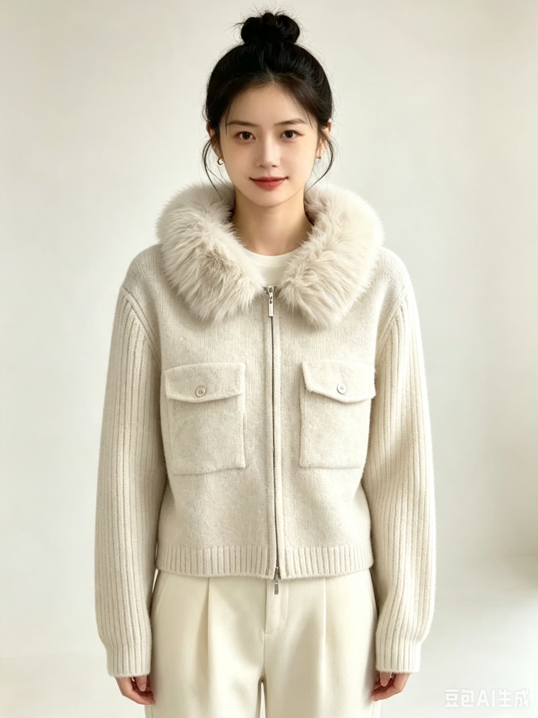 아메리칸 고급 센스 단색 스탠드 칼라 주머니 지퍼 디자인 니트 오픈 가디건 다용도 연령 감소 스웨터 코트 모피 칼라 여성 이미지 3