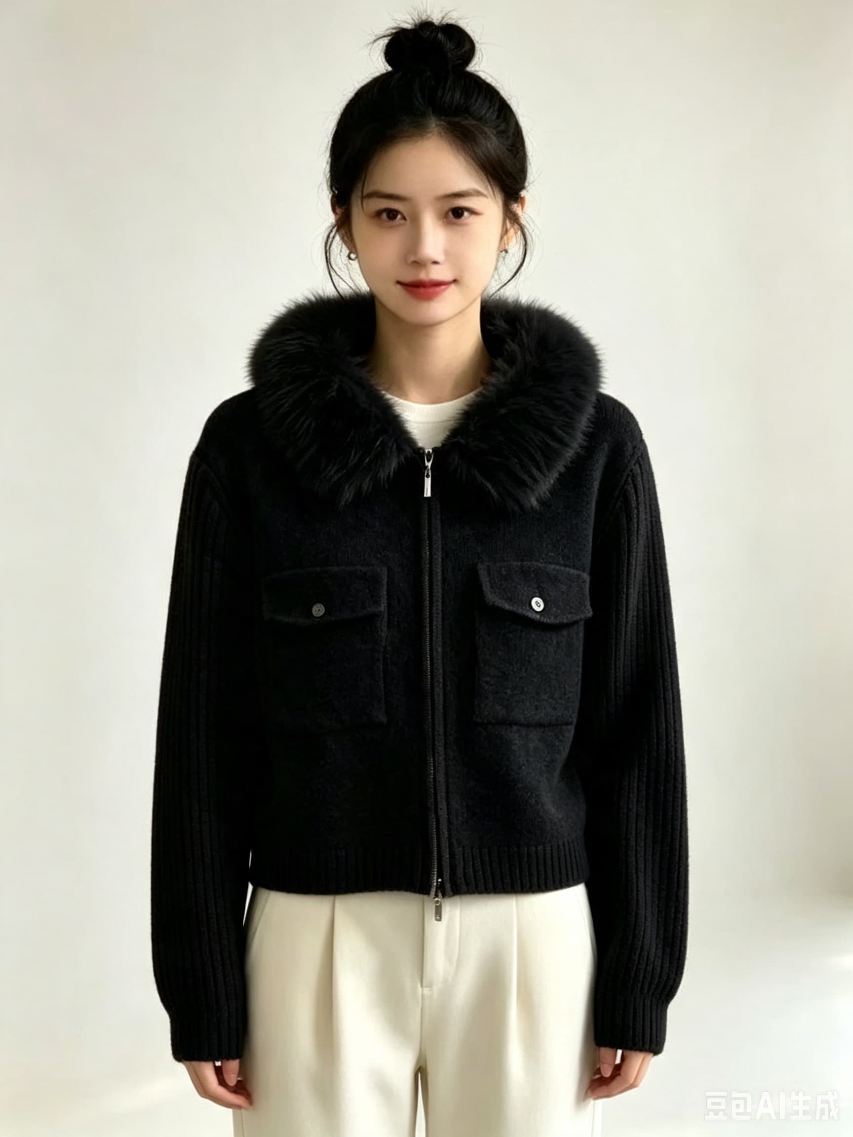 아메리칸 고급 센스 단색 스탠드 칼라 주머니 지퍼 디자인 니트 오픈 가디건 다용도 연령 감소 스웨터 코트 모피 칼라 여성 이미지 4