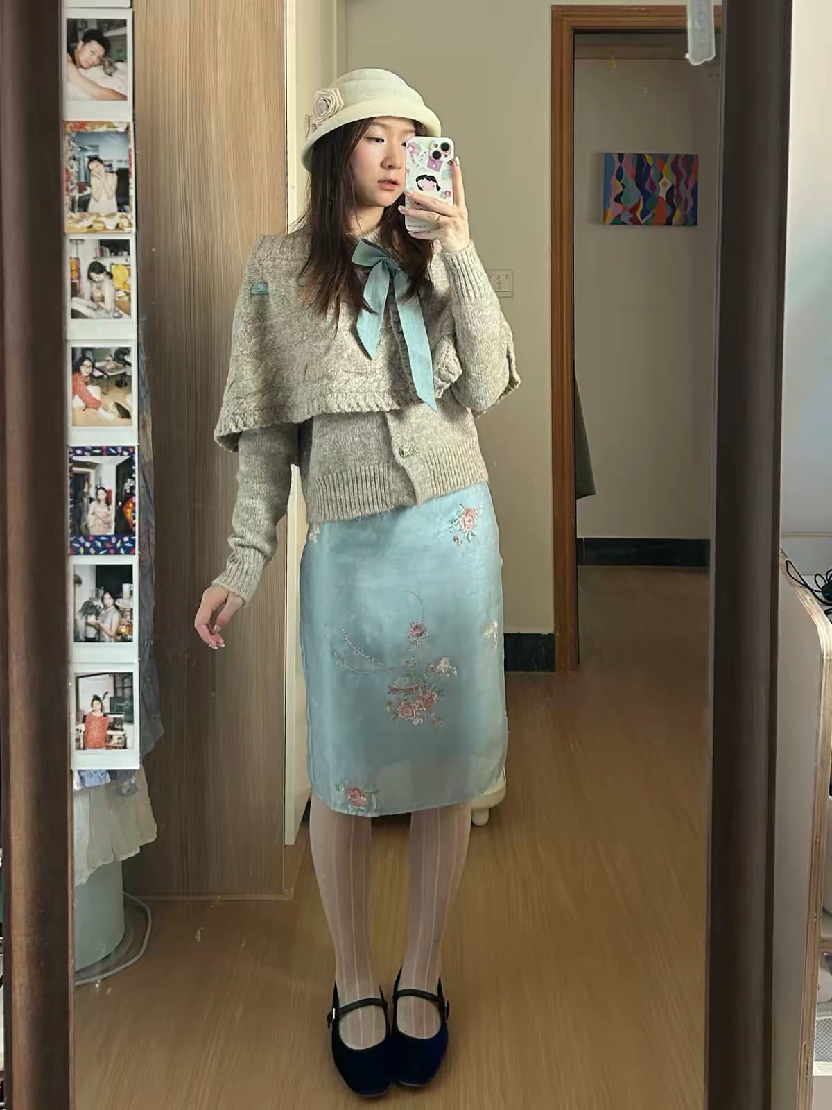 회색 파란색 나비 매듭 스트랩 망토 스웨터 투피스 세트 부드러운 꽈배기 오픈 가디건