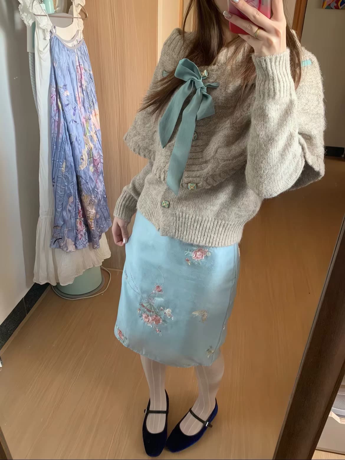 회색 파란색 나비 매듭 스트랩 망토 스웨터 투피스 세트 부드러운 꽈배기 오픈 가디건 이미지 4