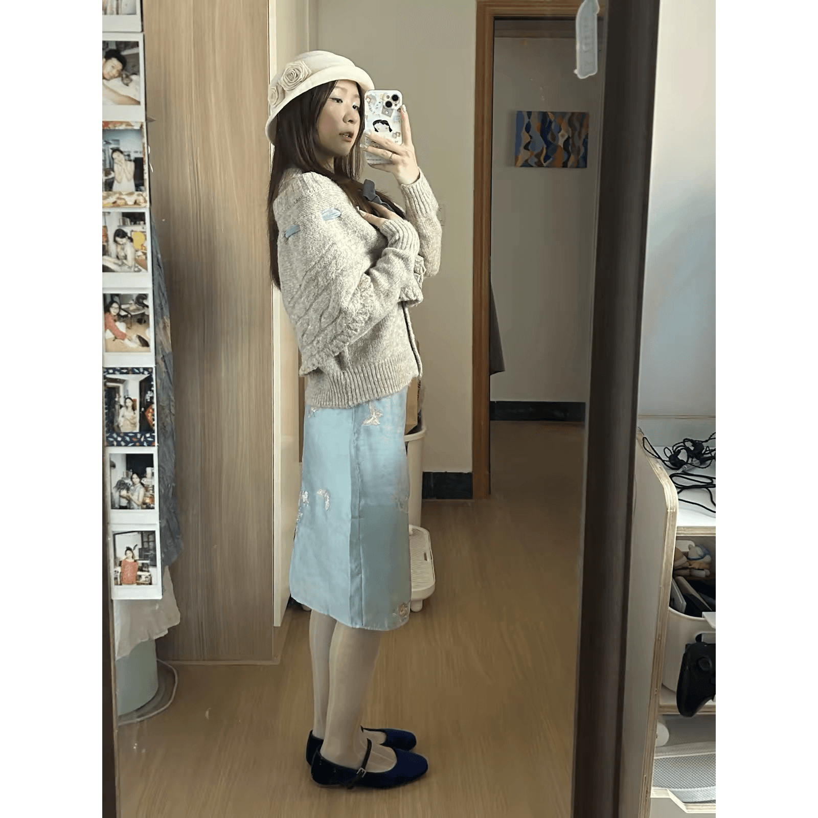 회색 파란색 나비 매듭 스트랩 망토 스웨터 투피스 세트 부드러운 꽈배기 오픈 가디건 이미지 5
