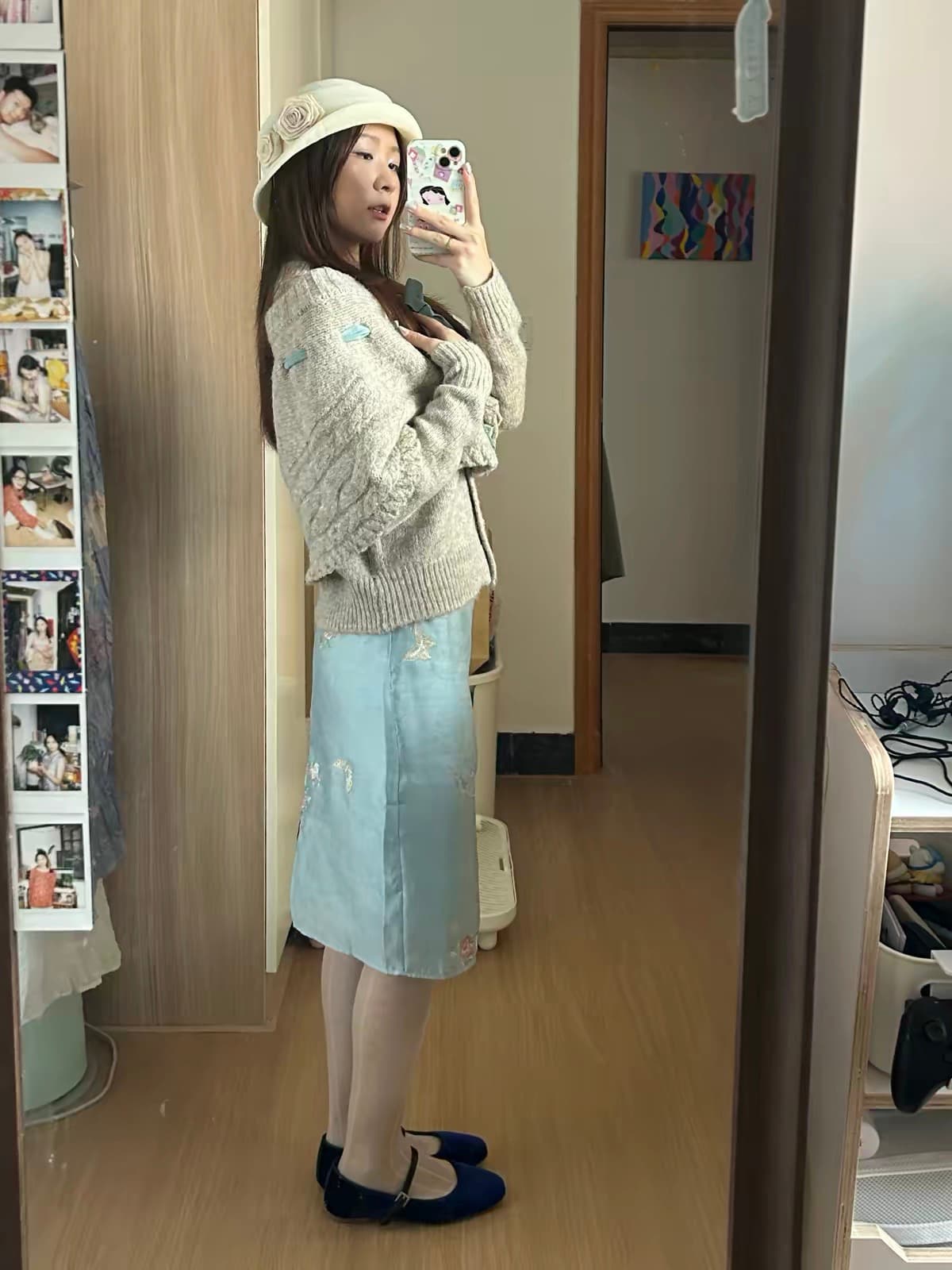 회색 파란색 나비 매듭 스트랩 망토 스웨터 투피스 세트 부드러운 꽈배기 오픈 가디건 상세 이미지 5
