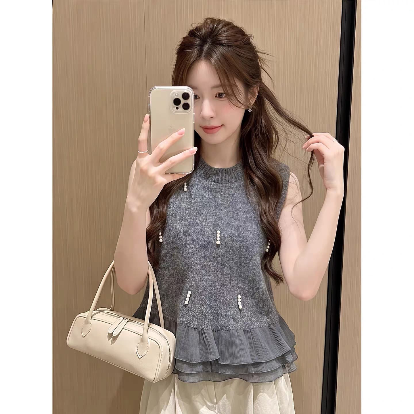 프랑스식 망사 레트로 새로운 가을 겨울 달콤한 스타일 디자인 센스 못 훈련 어깨 니트 베스트 조끼 이미지 4