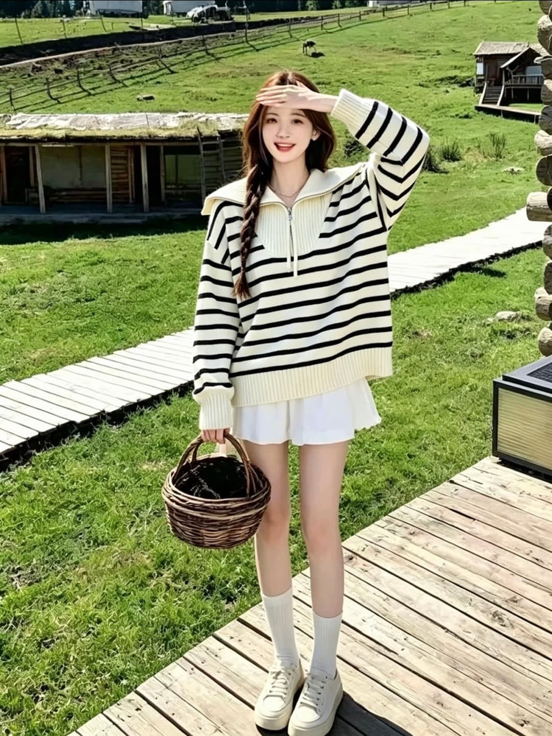스트라이프 너구리 플러시 해군 칼라 하프 지퍼 니트 스웨터 여자 가을 2026 새로운 폴로 칼라 캐주얼 맨위 가을 상세 이미지 4