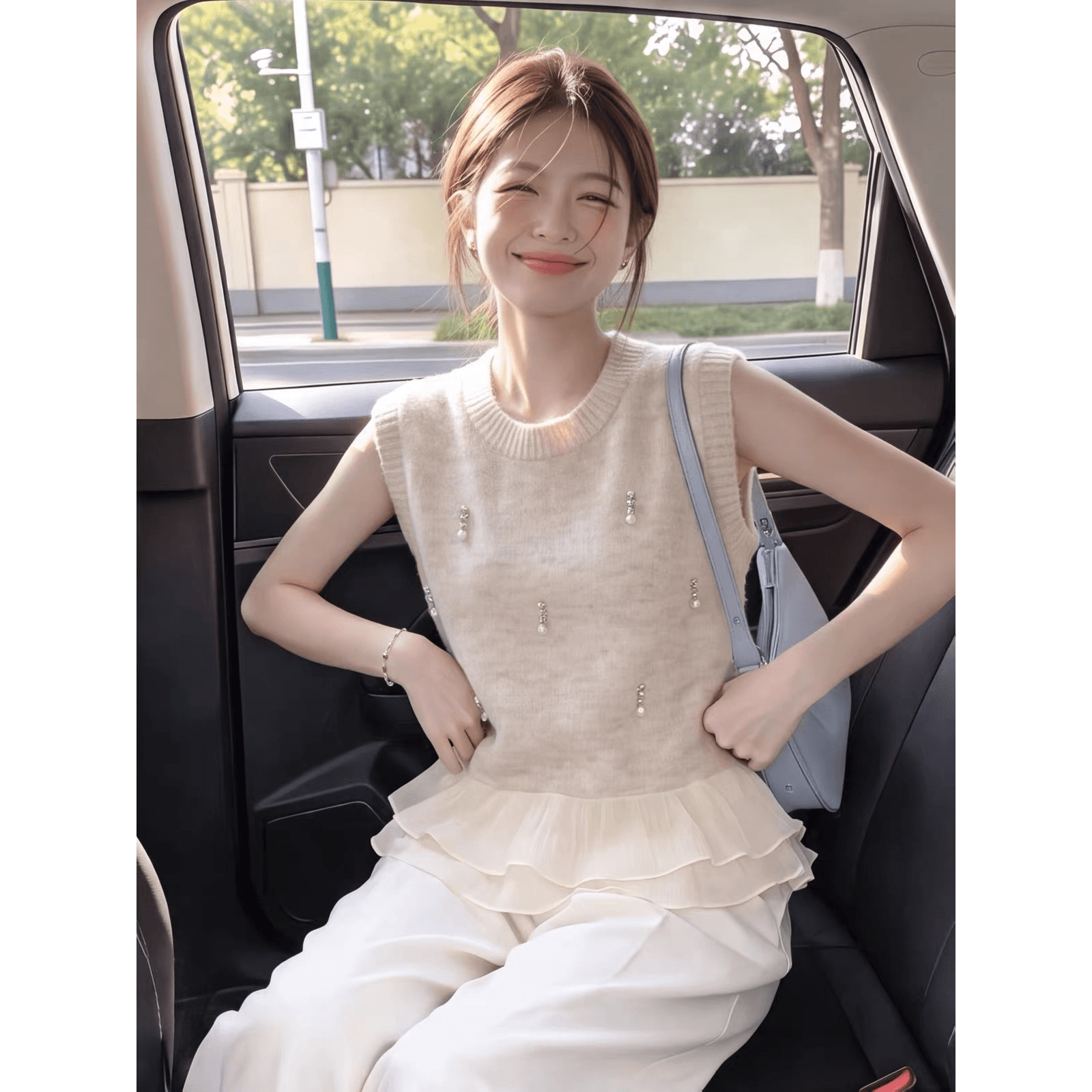 이른 가을 2026 새로운 비즈 박기 패치워크 레이스 니트 베스트 정장 바지 투피스 슈트 여성 이미지 5