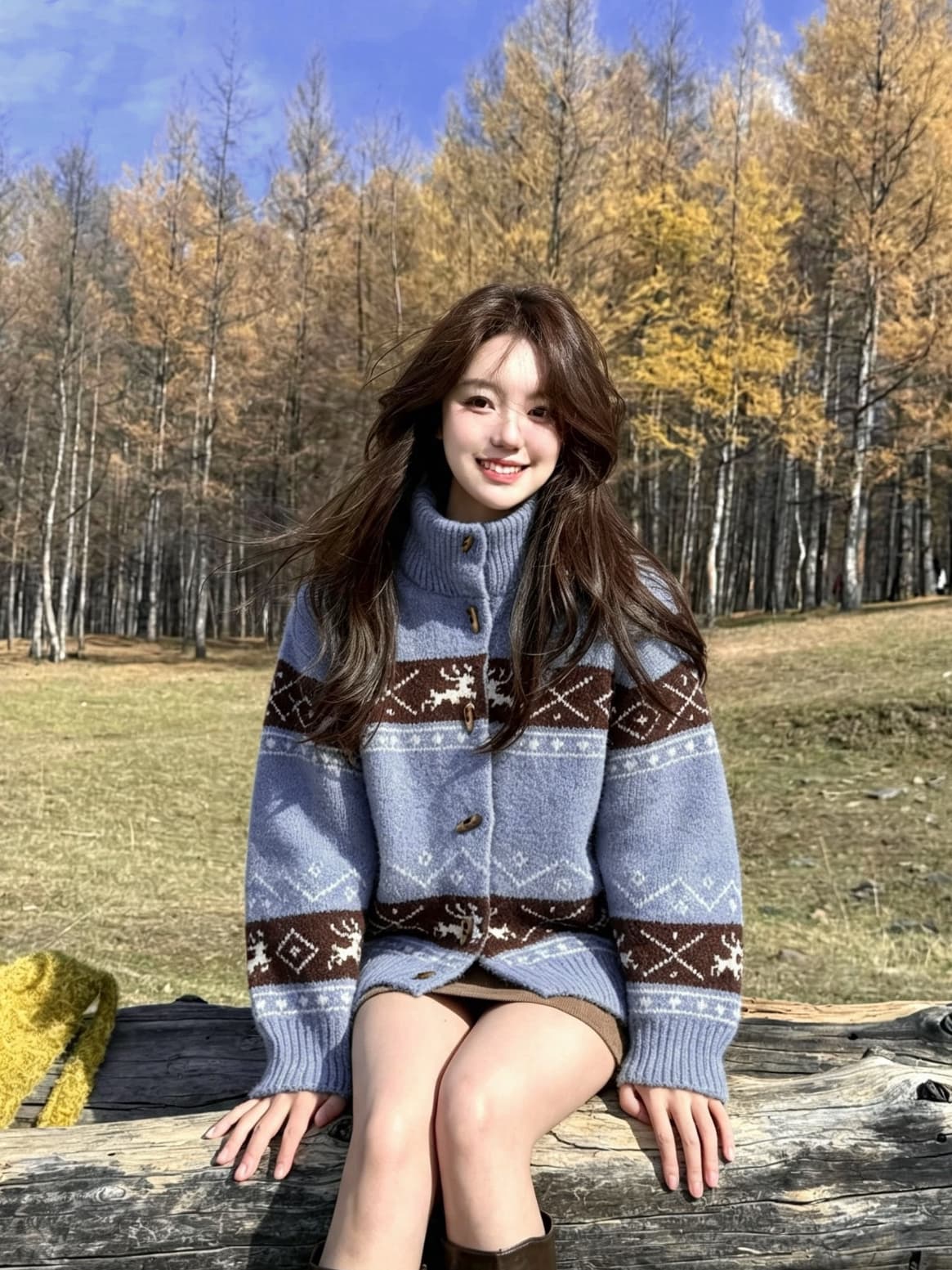 가을 겨울 2026 새로운 레트로 공정한 섬 자카드 양모 혼방 뒤집다 스탠드 칼라 소뿔 버클 니트 오픈 가디건 스웨터 여자 상세 이미지 1