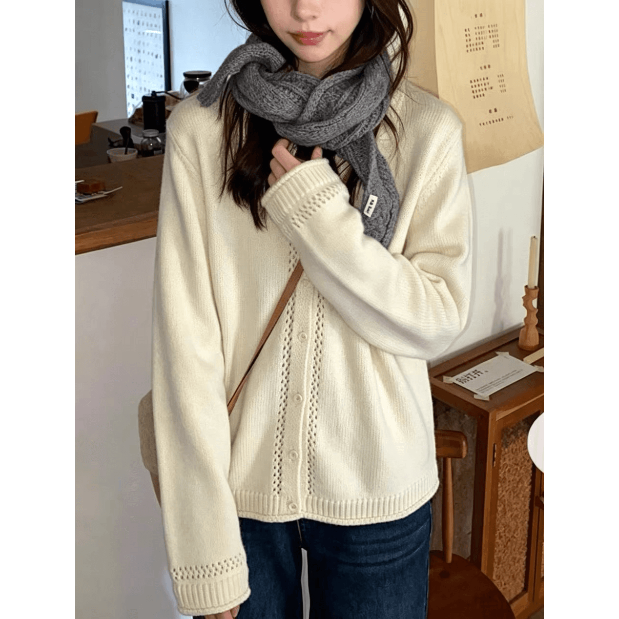 따뜻한 섬 폴로 칼라 작은 홀로우 아웃 레이스 스웨터 오픈 가디건 여성 코트 식물 플러시 버클 니트 맨위 이미지 5