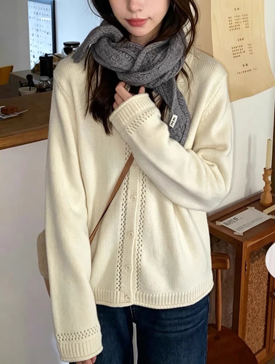 따뜻한 섬 폴로 칼라 작은 홀로우 아웃 레이스 스웨터 오픈 가디건 여성 코트 식물 플러시 버클 니트 맨위 상세 이미지 6