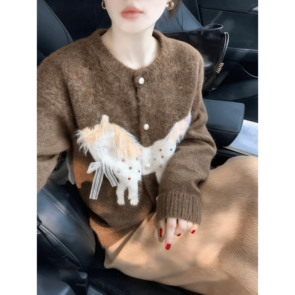 가을 겨울 새로운 한 부서 비즈 박기 작은 말 자카드 긴팔 니트 오픈 가디건 반신 스커트 여성 외국 가스 스웨터 세트 이미지 5
