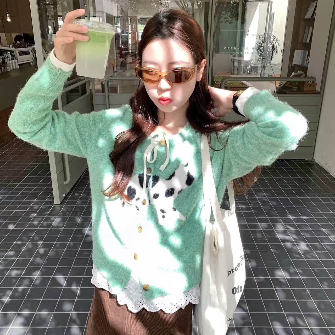한 번 작은 짭짤한 한 부서 자카드 녹색 스웨터 여성 코트 가을 겨울철 느긋한 부드러운 찹쌀 모직물 니트 오픈 가디건 맨위 이미지 5