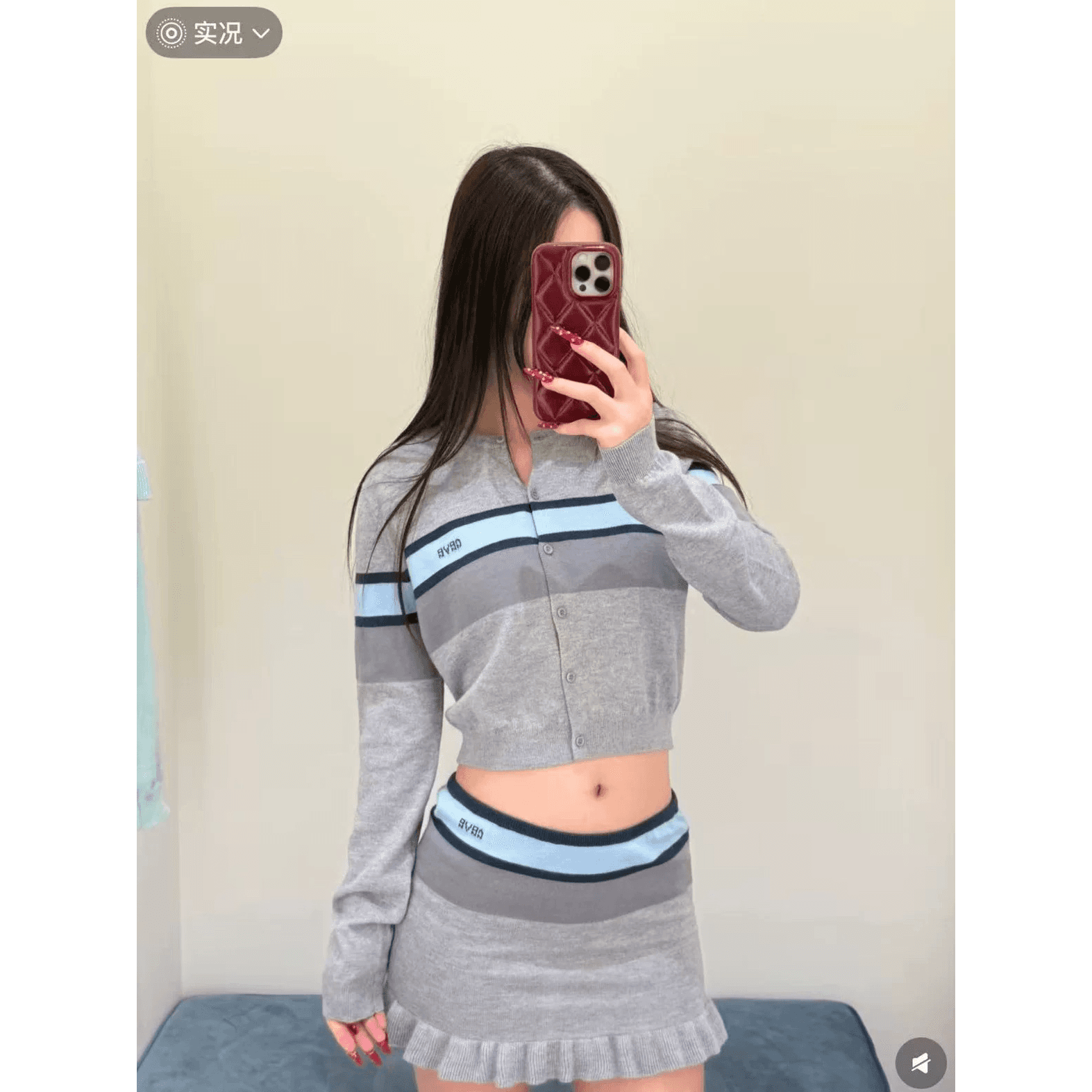 가을 겨울 26 가을 한국 레트로 소녀 센스 배색 스트라이프 니트 오픈 가디건 달콤함 프릴 튜브탑 이미지 5