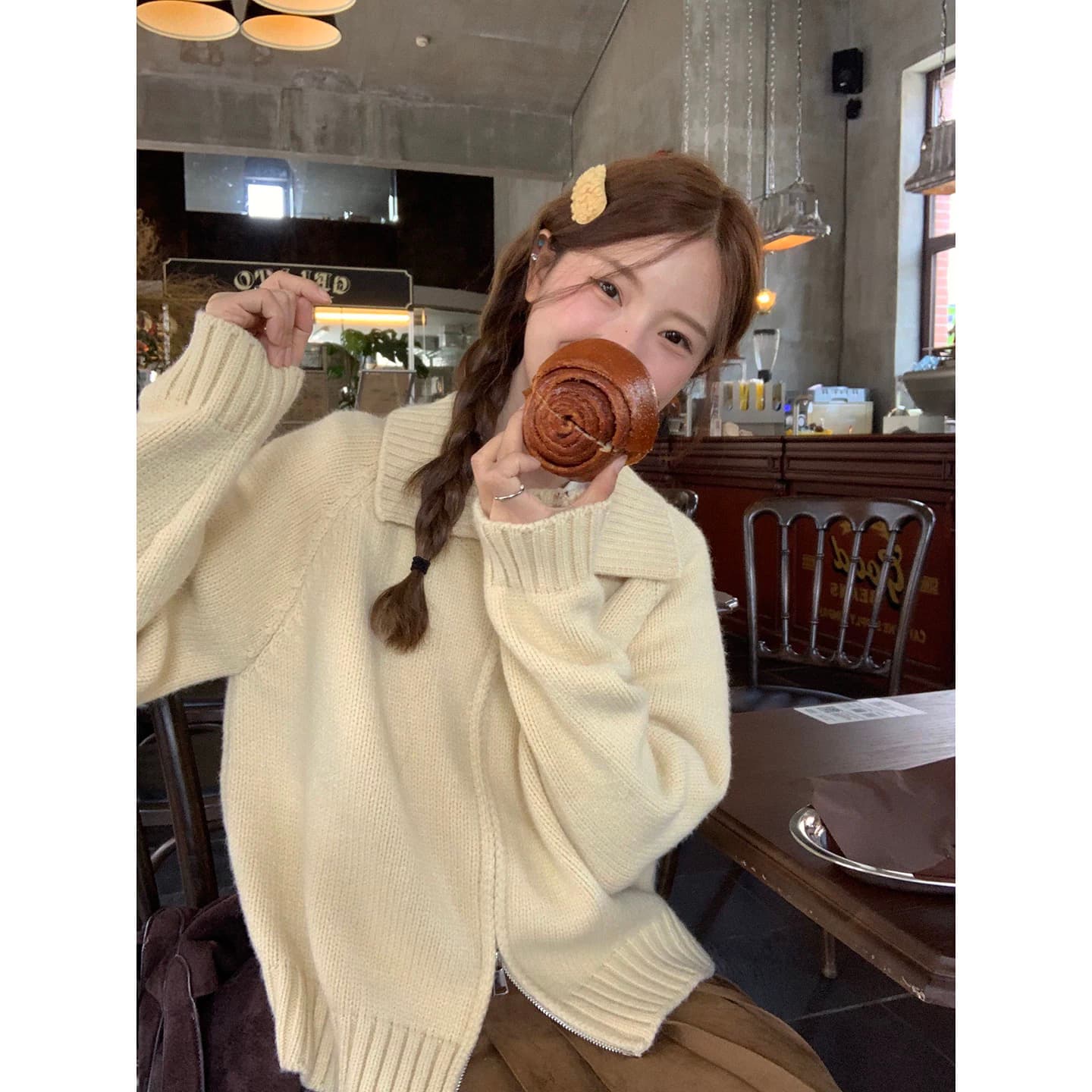 박하 녹색 폴로 칼라 스웨터 여자 재킷 한 부서 고급 센스 착용 가져 가라. 지퍼 니트 오픈 가디건 작은 키 맨위 두꺼움 이미지 5