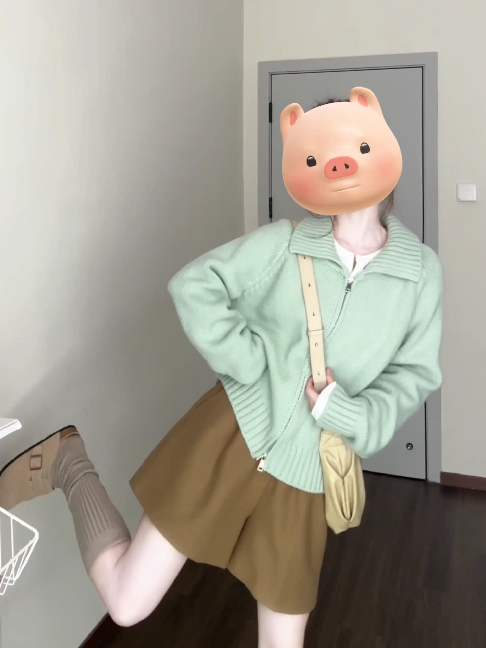 박하 녹색 폴로 칼라 스웨터 여자 재킷 한 부서 고급 센스 착용 가져 가라. 지퍼 니트 오픈 가디건 작은 키 맨위 두꺼움 상세 이미지 1
