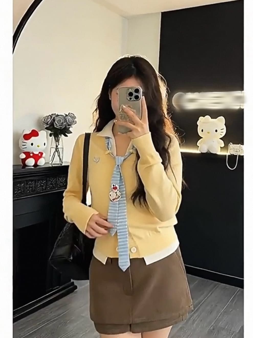 이른 가을 한 부서 소녀 스트라이프 넥타이 배색 페이크 레이어드 V넥 오픈 가디건 슬림해 보이는 털 니트 스웨터