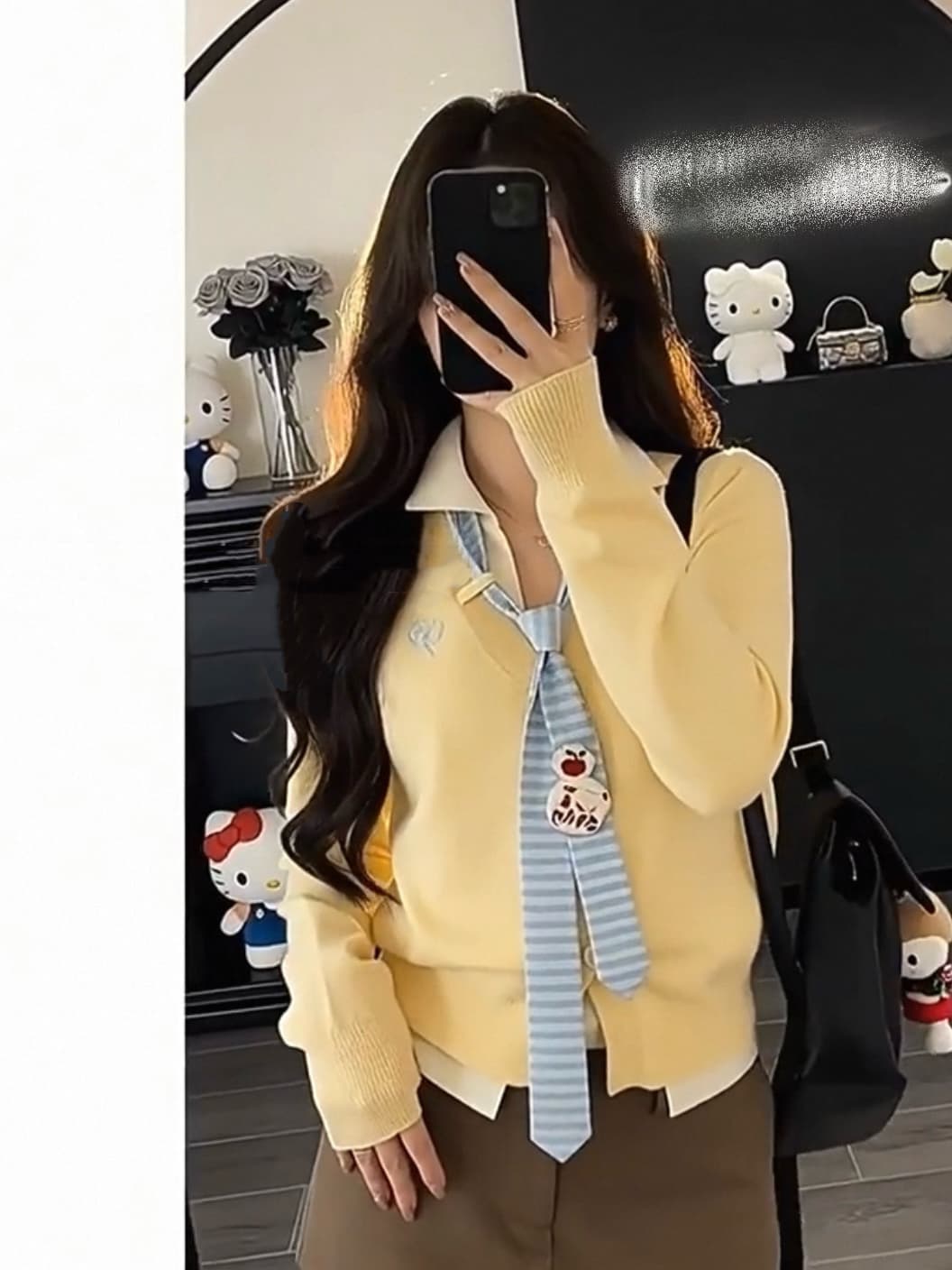 이른 가을 한 부서 소녀 스트라이프 넥타이 배색 페이크 레이어드 V넥 오픈 가디건 슬림해 보이는 털 니트 스웨터 상세 이미지 1